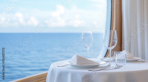 Enjoy a cruise ship dining experience with an elegant table arrangement and stunning ocean views framed by expansive windows, creating an unforgettable atmosphere for your meal.