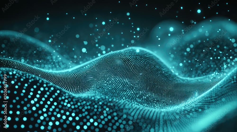Dynamic waves of teal particles create a captivating abstract high-tech background Dynamic waves of teal particles create a captivating abstract high-tech background