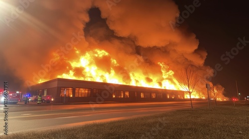 A burning building surrounded by emergency responders, with plumes of dark smoke billowing upward against the starry sky.