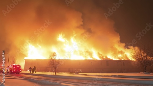 A building consumed by flames, first responders on-site, dense smoke billowing into the dark sky as the emergency unfolds.