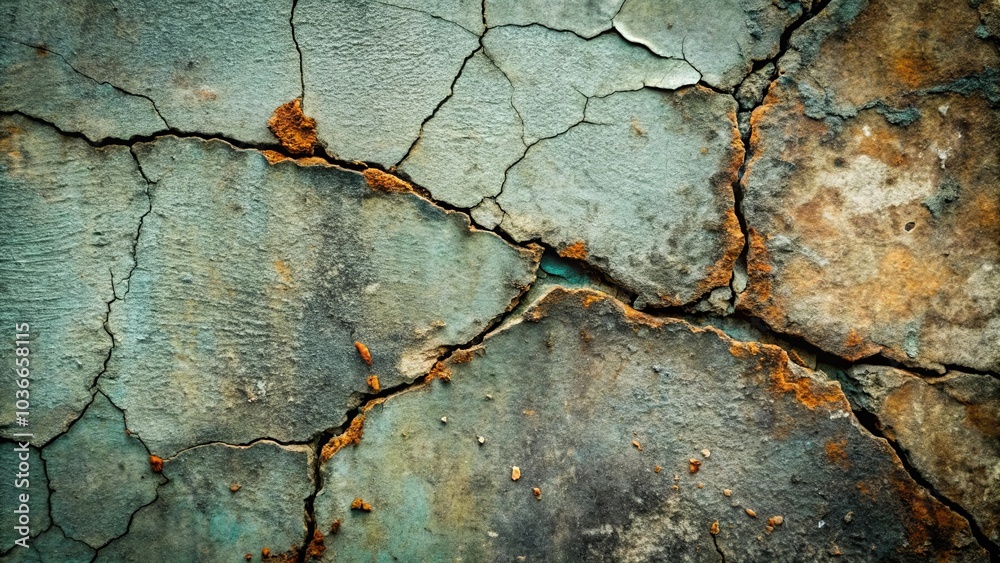 Obraz premium A weathered surface with deep cracks reveals layers of time, rust, and subtle hints of turquoise