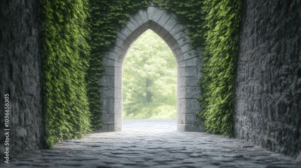 Fototapeta premium Gothic castle with towering arches, ivy creeping up dark stone walls, moody and atmospheric lighting