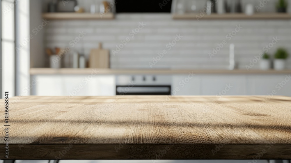 Naklejka premium A beautiful wooden table complements a stylish, bright kitchen with minimalist décor
