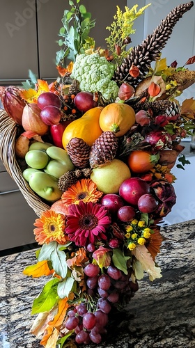 13. A Thanksgiving cornucopia centerpiece filled with autumn fruits, vegetables, and flowers, adding a festive touch to the table photo