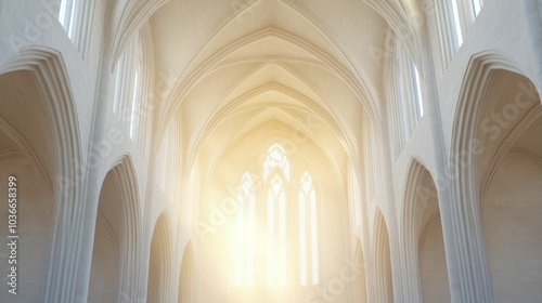 The interior of the Gothic cathedral features dark arches and soaring ceilings, with striking light streaming through the intricate stained glass windows.