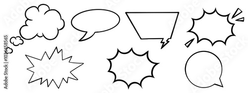 Retro comic Speech bubble set. Funny textbox, dialog box, thought bubble, suggestion box, message frames in comic book pop art style. doodle design element set isolated on transparent background photo