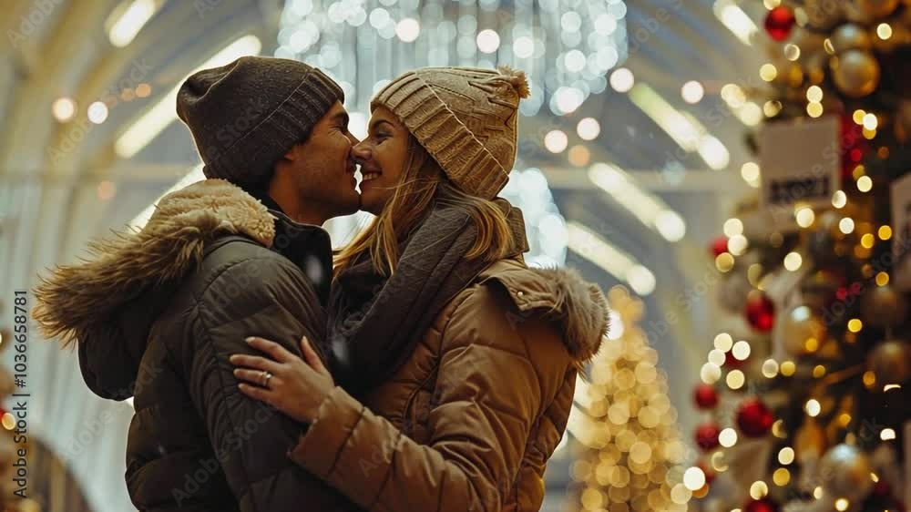 A young couple happily embraces each other in a warm indoor environment adorned with Christmas decorations. Strings of lights and a large tree enhance the festive spirit. A young couple happily embraces each other in a warm indoor environment adorned with Christmas decorations. Strings of lights and a large tree enhance the festive spirit.