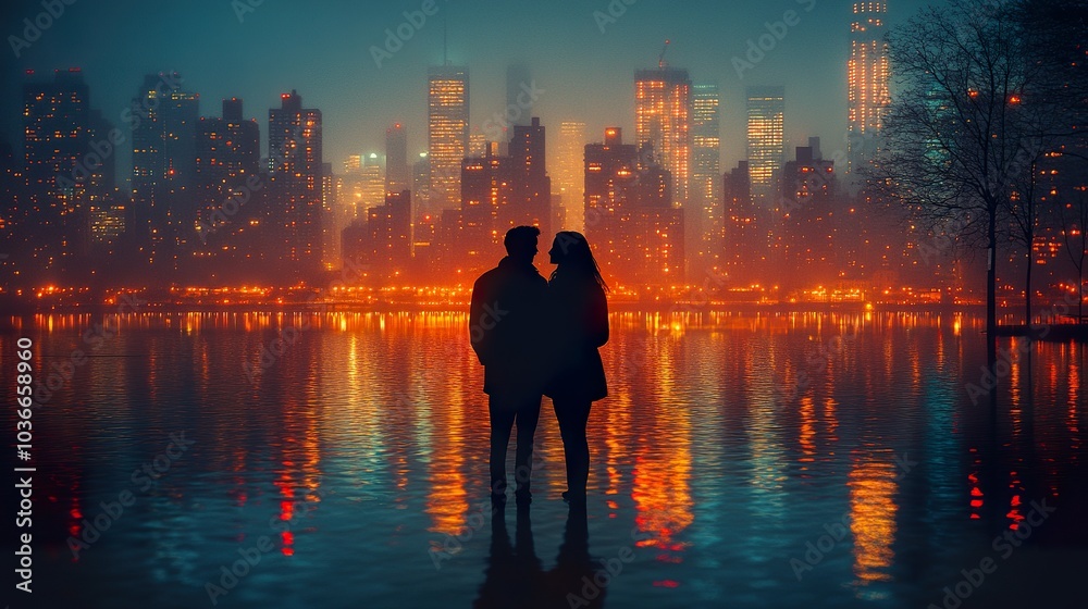 Fototapeta premium Silhouette Couple City Skyline - Romantic Urban Love