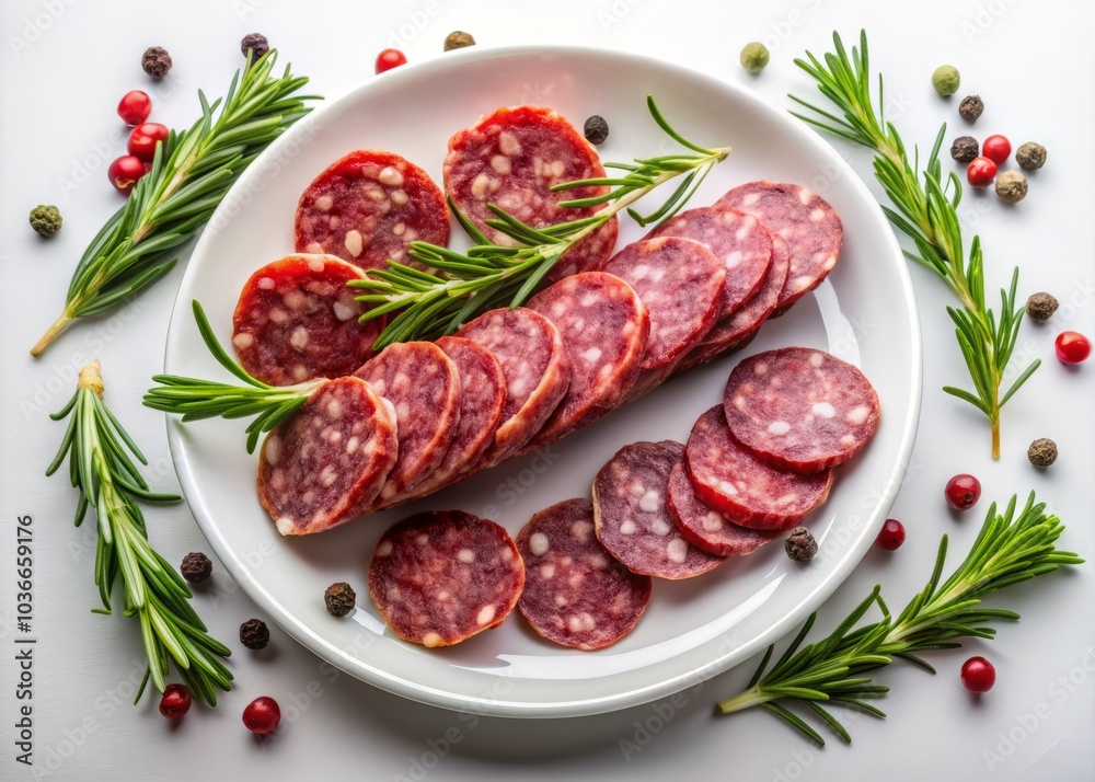 Artfully displayed fuet sausage slices on a crisp white plate, garnished with fragrant rosemary and vibrant peppercorns, perfect for inspiring culinary photography and food aesthetics. Artfully displayed fuet sausage slices on a crisp white plate, garnished with fragrant rosemary and vibrant peppercorns, perfect for inspiring culinary photography and food aesthetics.