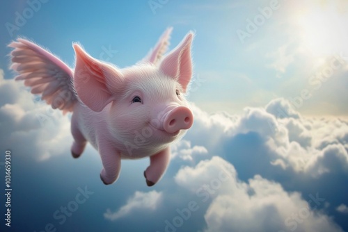 A whimsical image of a flying pig soaring through the clouds under a bright sky. This playful fantasy scene can be used for concepts of imagination, humor, or the impossible becoming possible.