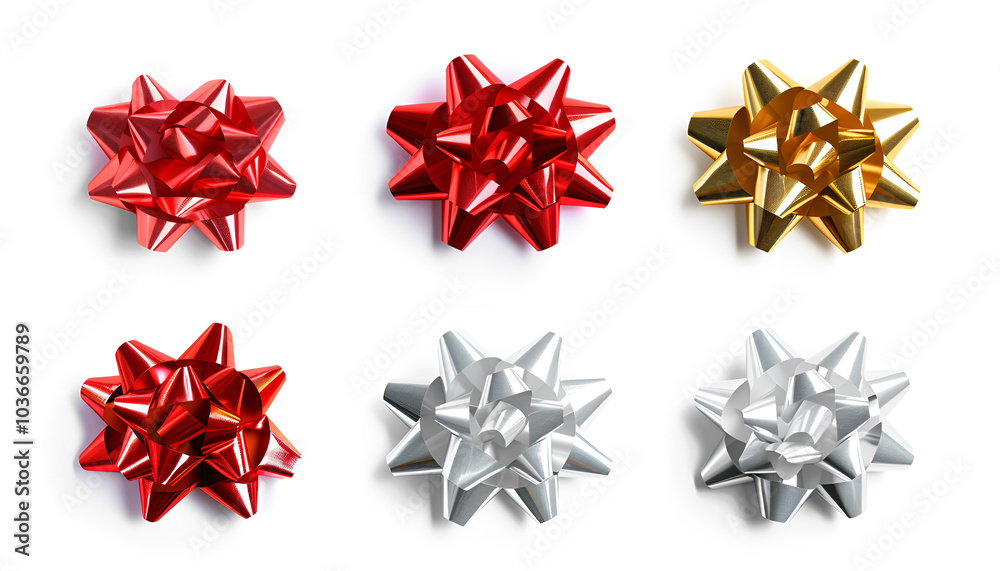 Set of neon foil bows, red, white, gold, silver color metallic with shadow on isolated white background. foil bow, decoration for holiday Set of neon foil bows, red, white, gold, silver color metallic with shadow on isolated white background. foil bow, decoration for holiday