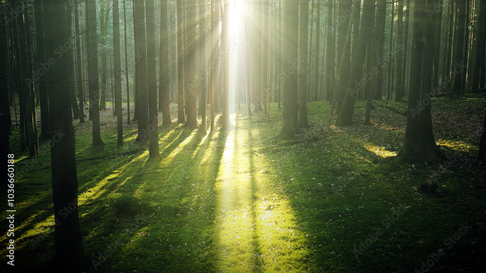 Naklejka premium Magical sun beams in the green morning woods.