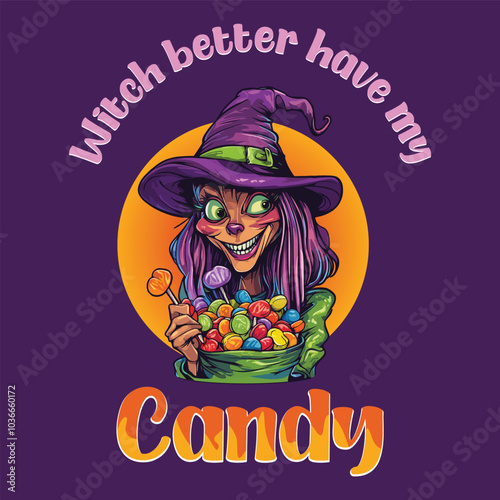 This candy-loving character isn’t here to play! In bold, cartoon style and vivid splatter colors, this fun design captures the wild spirit of Halloween with a cheeky twist.