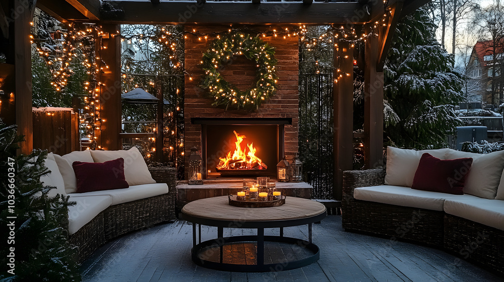 Fototapeta premium A cozy outdoor space with a fireplace and a Christmas wreath. The atmosphere is warm and inviting, perfect for spending time with family and friends during the holiday season