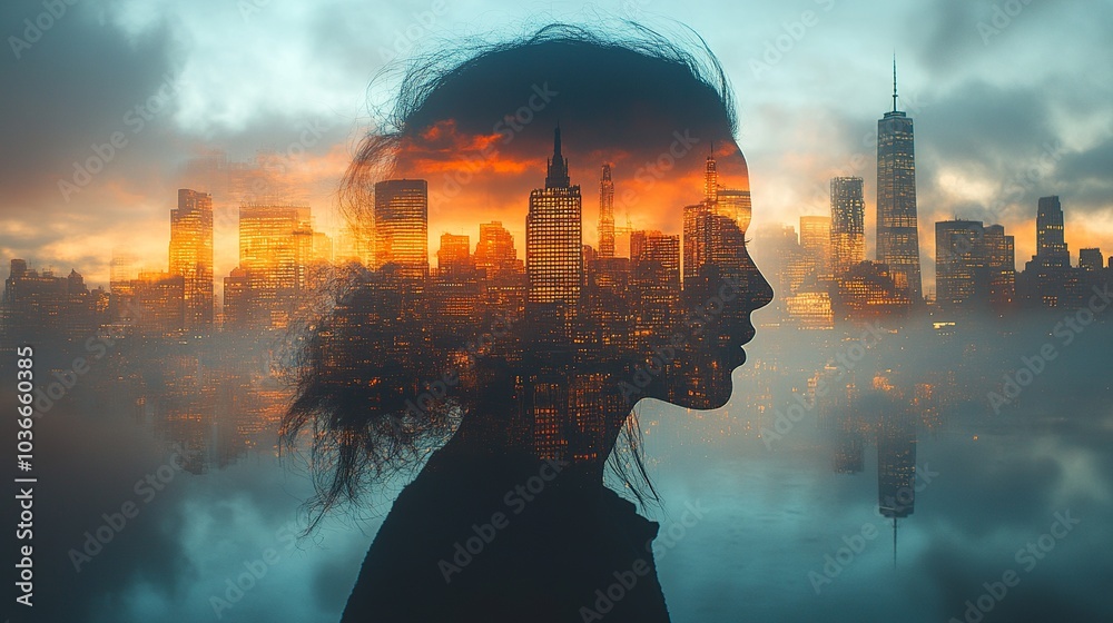 Fototapeta premium A silhouette of a person filled with city buildings