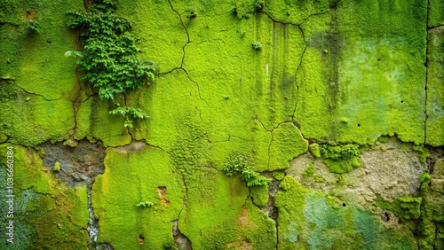 The Green Embrace of Time, a Textured Wall Covered in Lush Moss and Cracked Concrete