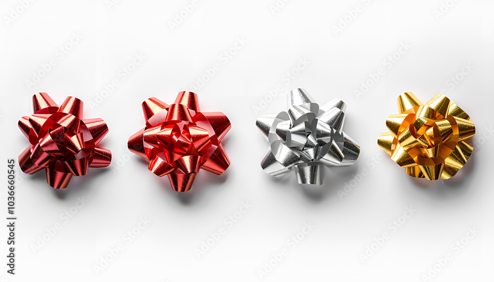Set of neon foil bows, red, white, gold, silver color metallic with shadow on isolated white background. foil bow, decoration for holiday Set of neon foil bows, red, white, gold, silver color metallic with shadow on isolated white background. foil bow, decoration for holiday