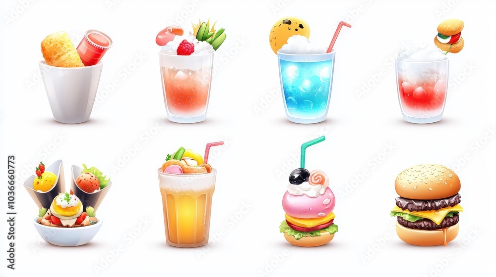 High-res icons of Chinese and fast food dishes, featuring icons of noodles, burgers, egg rolls, and soda, all designed with vibrant, clean details. High-res icons of Chinese and fast food dishes, featuring icons of noodles, burgers, egg rolls, and soda, all designed with vibrant, clean details.