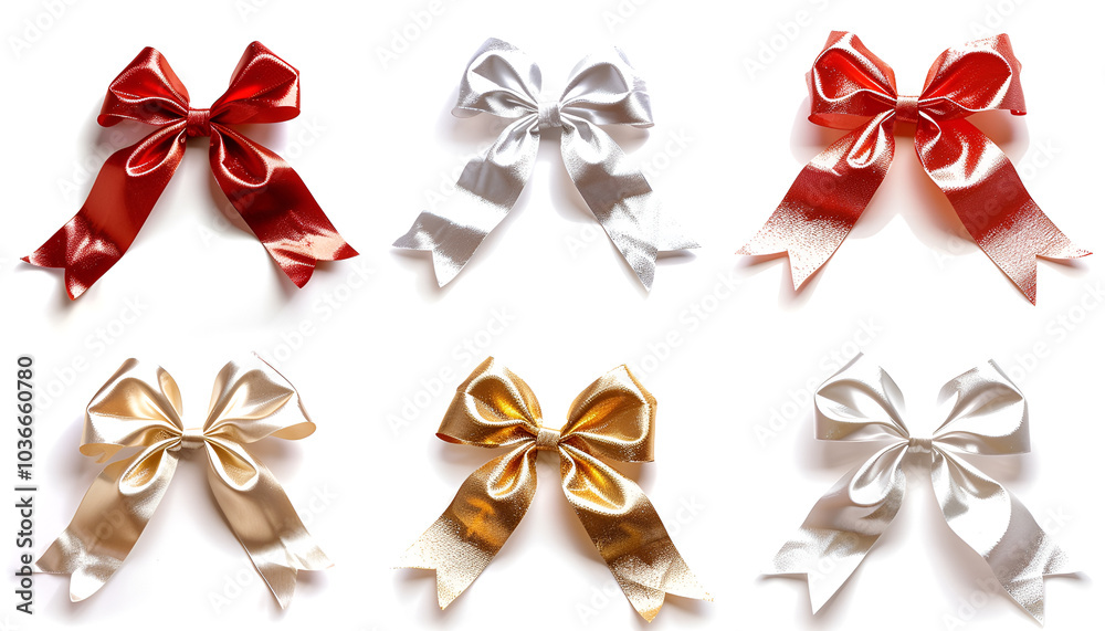 Set of neon foil bows, red, white, gold, silver color metallic with shadow on isolated white background. foil bow, decoration for holiday Set of neon foil bows, red, white, gold, silver color metallic with shadow on isolated white background. foil bow, decoration for holiday