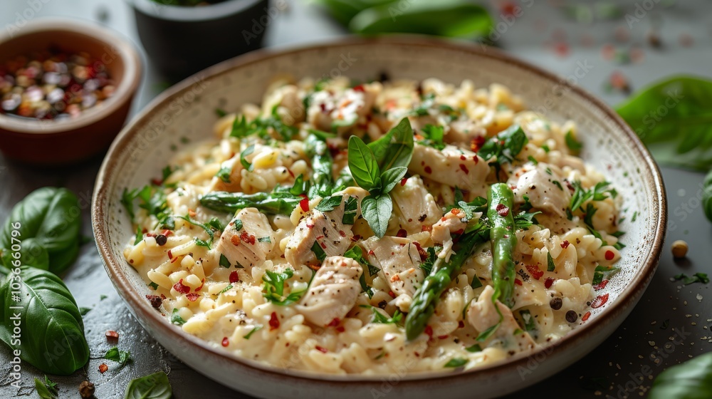 Delicious creamy pasta with chicken, spinach, and asparagus in a bowl. Concept focuses on appetizing and healthy homemade dishes. For food-related content... Delicious creamy pasta with chicken, spinach, and asparagus in a bowl. Concept focuses on appetizing and healthy homemade dishes. For food-related content...