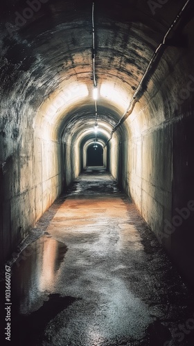 Dark, eerie tunnel illuminated by overhead lights, creating a mysterious atmosphere.
