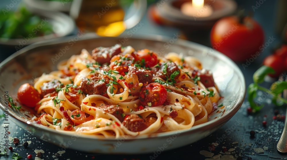 A plate of pasta with cherry tomatoes and herbs sits on a table. Concept of gourmet Italian cuisine. For a food blog photo... A plate of pasta with cherry tomatoes and herbs sits on a table. Concept of gourmet Italian cuisine. For a food blog photo...