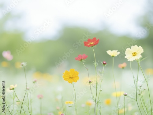 The summer garden bursts with life, radiant red and yellow flowers swaying gently as a warm breeze dances through the air, creating a serene and joyful atmosphere.