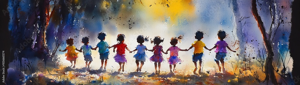 Naklejka premium An enchanting journey of friendship a colorful watercolor representation of children holding hands in nature's embrace