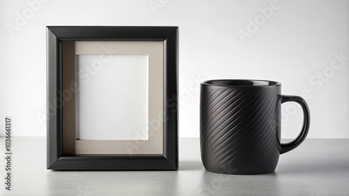 A black picture frame with a simple white mat and a black ceramic mug with a diagonal pattern on the table against a white background.