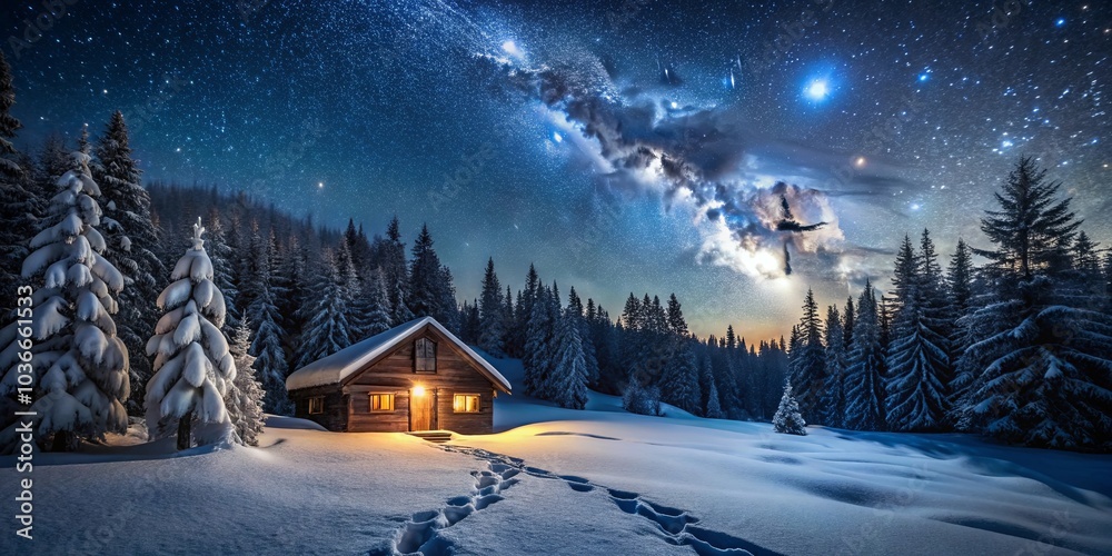Fototapeta premium A solitary wooden cabin glows with warm light amidst a snowy forest, illuminated by the celestial tapestry of a starry night sky, featuring a luminous Milky Way.