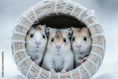 Three Hamsters Peeking Out Of A Woven Nest