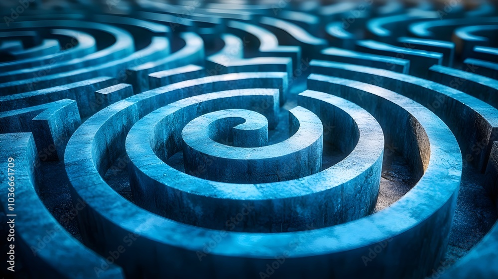 A mesmerizing close-up of an intricate, spiral maze design with a cool blue color scheme, evoking a sense of depth and complexity. A mesmerizing close-up of an intricate, spiral maze design with a cool blue color scheme, evoking a sense of depth and complexity.