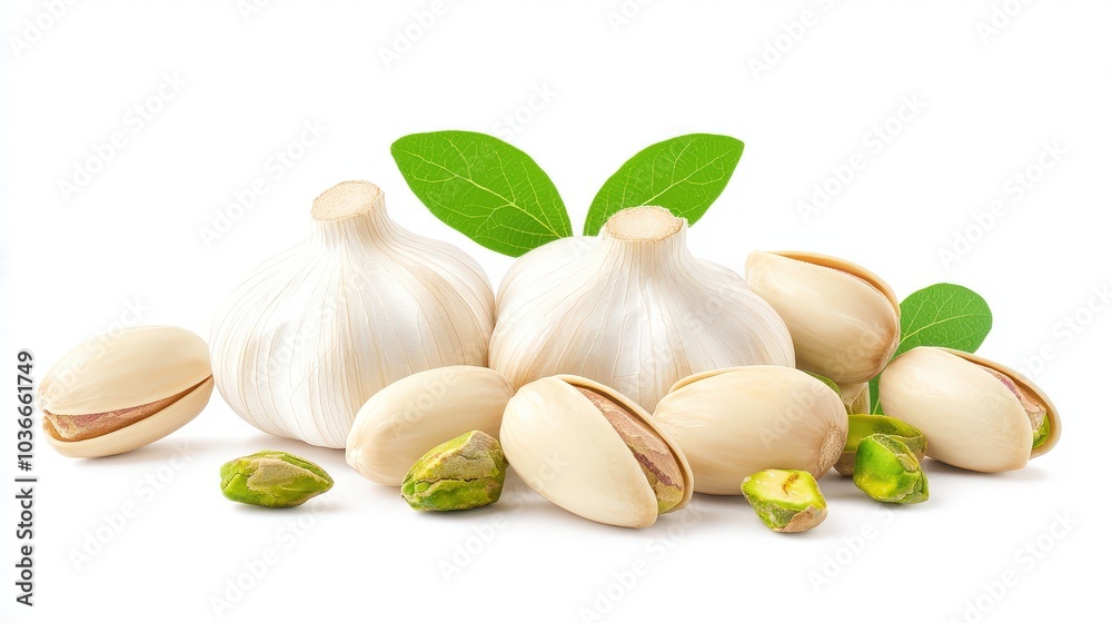 This close-up image presents garlic bulbs and pistachios together, emphasizing the earthy textures and natural beauty of these ingredients, ideal for promoting healthy cooking and recipes. This close-up image presents garlic bulbs and pistachios together, emphasizing the earthy textures and natural beauty of these ingredients, ideal for promoting healthy cooking and recipes.