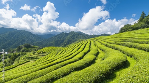 Serene Tea Plantation in Ancient Japanese Landscape with Majestic Mountains and Clouds Drifting Overhead