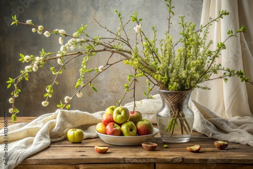 Wallpaper Mural A stunning panoramic still life of spring willow branches and apples on a white tablecloth, ideal for enhancing home decor, interior design, and celebrating seasonal beauty. Torontodigital.ca