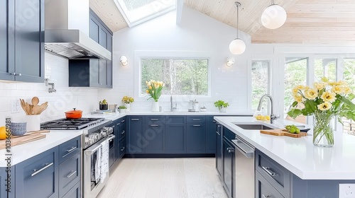 This stunning kitchen renovation captures the elegance of deep blue shaker cabinets and a sleek white quartz countertop with a waterfall edge, creating a contemporary culinary space.