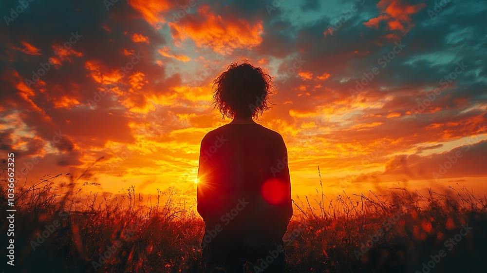 Silhouette of a Person Enjoying a Colorful Sunset: A Perfect Representation of Tranquility and Hope