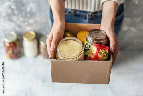 Person Holding a Donation Box Filled with Canned Goods and Other Food Items photo