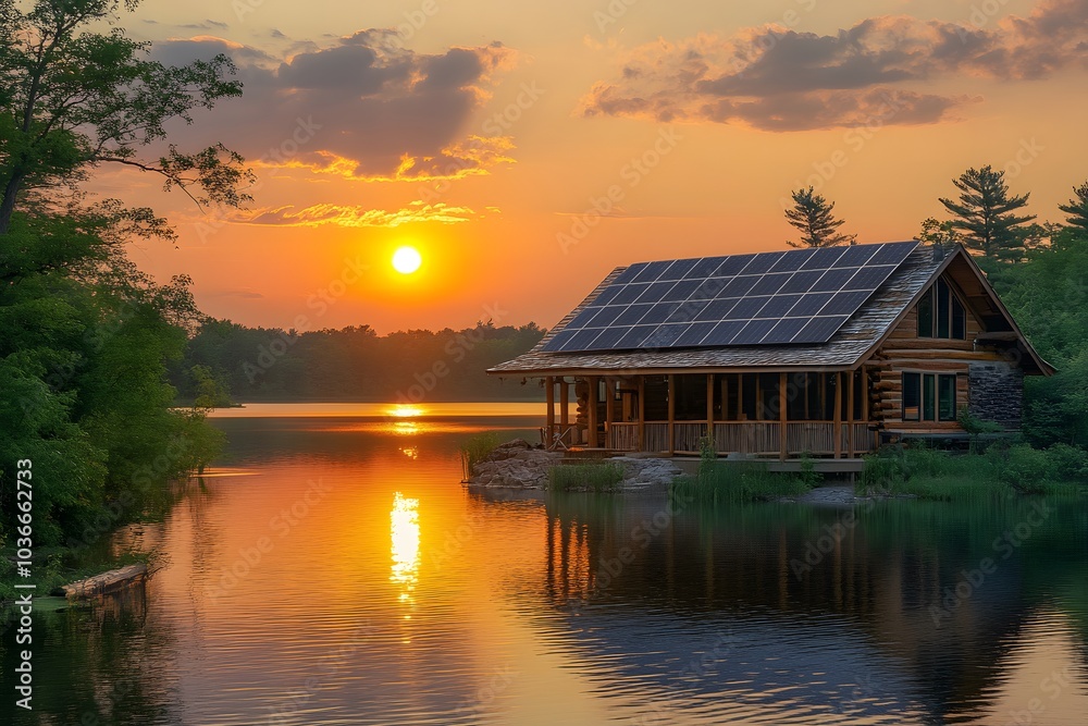 Fototapeta premium Log Cabin with Solar Panels on Lake at Sunset