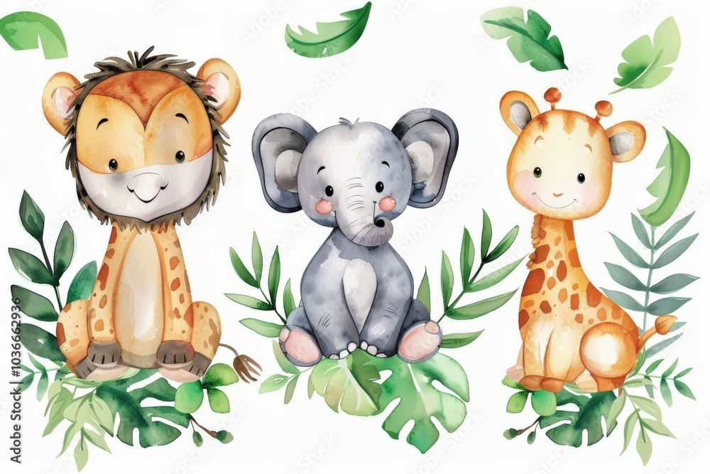 Naklejka premium Watercolor Illustration of a Lion, Elephant, and Giraffe in a Jungle Setting