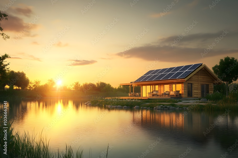 Wooden Cabin with Solar Panels on a Lake at Sunset Wooden Cabin with Solar Panels on a Lake at Sunset