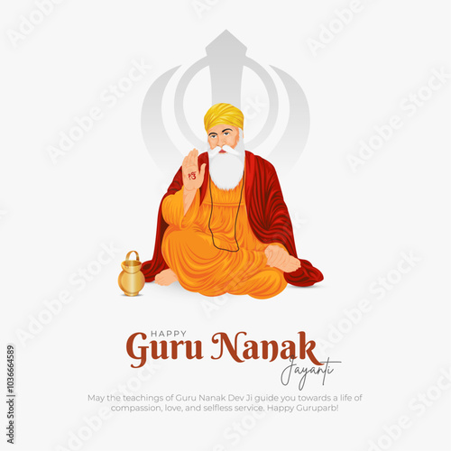 Happy Guru Nanak Jayanti Post and Greeting Card. Celebrating Birthday of Guru Nanak Dev Ji Banner Vector Illustration