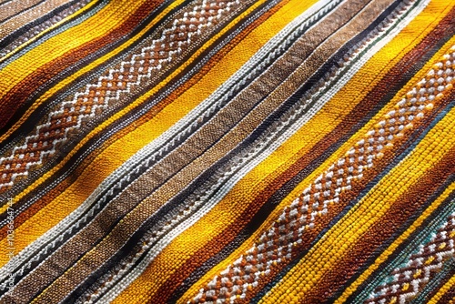 Bird's-eye perspective of Mexican striped fabric showcasing a palette of yellow, gray, and brown tones, ideal for textile design and home decor ideas.