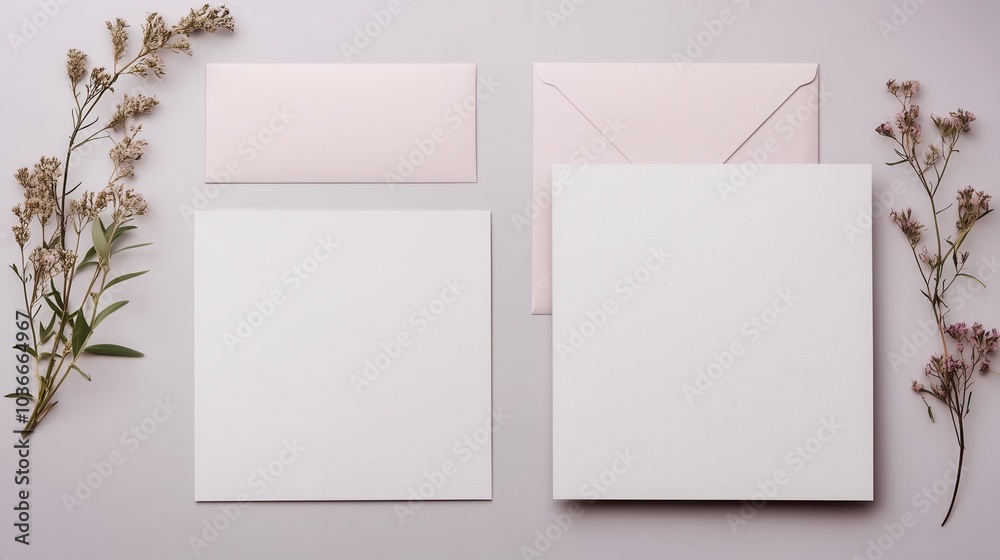 A serene flat lay of blank stationery featuring envelopes and notes surrounded by delicate flowers perfect for invitations or personal notes A serene flat lay of blank stationery featuring envelopes and notes surrounded by delicate flowers perfect for invitations or personal notes