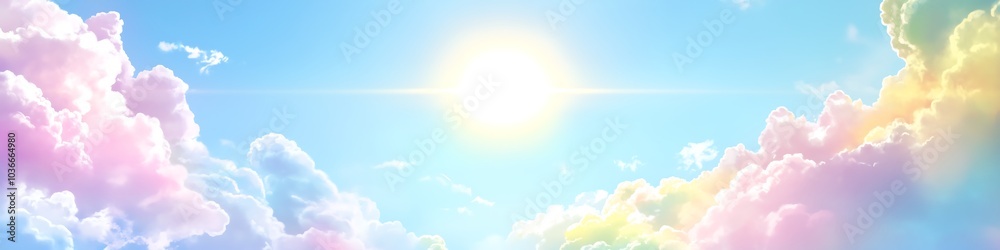 Fototapeta premium A daytime sky featuring a bright sun surrounded by rainbow-colored clouds. The clouds are soft, fluffy, and blend with shades of pink, yellow,blue, and green, creating a dreamy and vibrant atmosphere.