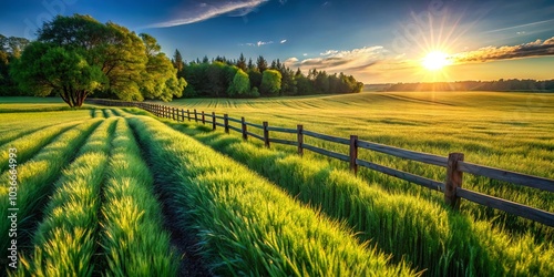 Golden rays of sunset paint a vibrant panorama across a field of green, where a wooden fence winds along the edge of a pathway, leading toward a distant horizon. photo