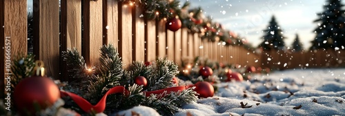 A beautifully decorated wooden fence in a Christmas theme, set amidst a snowy landscape. The fence is adorned with festive decorations such as garlands, red ribbons, twinkling lights.
