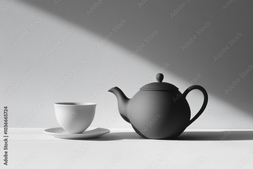 A sleek black tea kettle alongside a simple white cup creates a calming composition on a softly lit table, emphasizing minimalism. Generative AI A sleek black tea kettle alongside a simple white cup creates a calming composition on a softly lit table, emphasizing minimalism. Generative AI