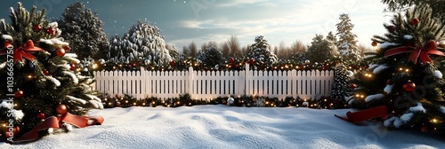 A beautifully decorated wooden fence in a Christmas theme, set amidst a snowy landscape. The fence is adorned with festive decorations such as garlands, red ribbons, twinkling lights.
