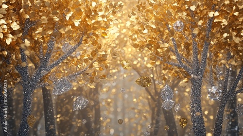 Elegant golden and silver trees with radiant leaves, surrounded by a breathtaking backdrop of diamonds and gems, creating a fairytale-like atmosphere